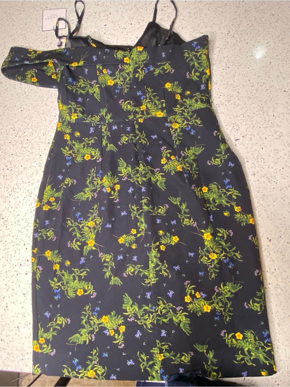 Floral Off-Shoulder Bodycon Dress - Black with Yellow & Green Print - Picture 2 of 5